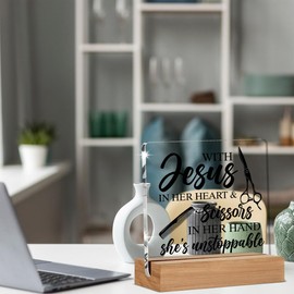 Hair Stylist Gifts for Women, Hairdresser Gift, Hair Salon Decor, Hairstylist Essentials, With Jesus in Her Heart Decorative Acrylic Plaque Barbershop Decor