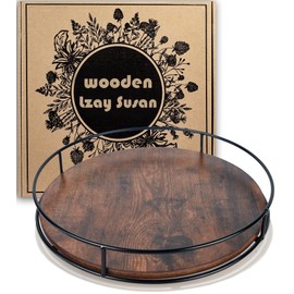 12 Inch Wood Lazy Susan, Rustic Brown Turntable Organizer with Steel Frame, 360 Degree Decorative Turntable for Countertop or Centerpieces