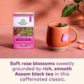 Organic India Tulsi Sweet Rose Assam Black Tea - Stress Relieving & Elevating, 17mg of Caffeine Per Cup, With Ayurvedic Herbs, Vegan, USDA Organic, Non-GMO - 18 Rose Tea Bags (Pack of 3)