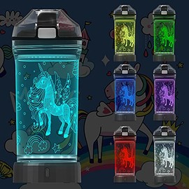 Unicorn Water Bottle for Kids, Attivolife LED Light up 3D Illusion Night Lamp -14 OZ - BPA Free Eco-Friendly Creative Glowing Cup, Ideal Back to School Gifts for Girl Boy Child Birthday Holiday Camping Picnic