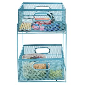 Mind Reader Accessory Organizer, Supply Storage, Makeup, Office, Kitchen, Metal Mesh, 8.25"L x 12.5"W x 12.5"H, Turquoise