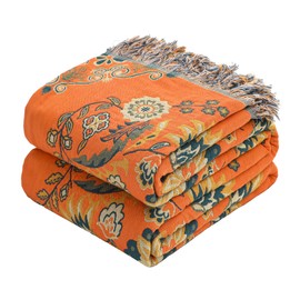 VANJOROY Boho Large Throw Blanket, 100% Organic Cotton Breathable Soft Bed Throw - Floral Farmhouse Decor Blanket for Sofa Couch Chair and Gift. 60" x 80"- Orange