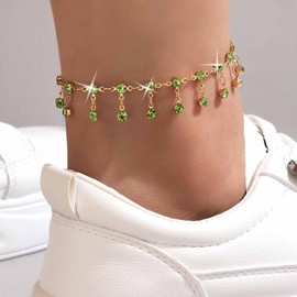 Dervivea Vintage Emerald Tassel Anklet Gold Emerald Anklet Bracelet Green Crystal Anklet Foot Chain Emerald Dangle Anklet Cz Fringe Anklet Summer Beach Anklet Jewelry for Women and Girls