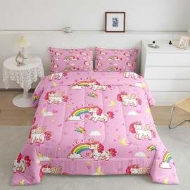 Feelyou Kids Unicorn Comforter Set Dreamy Horse Bedding Set Full Size for Boys Girls Teens Bedroom Decor Rainbow Comforter Heat Love Pink Duvet Set with 2 Pillow Cases