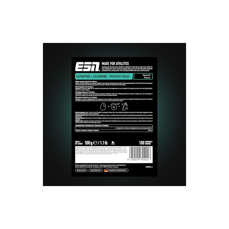 ESN Ultrapure L-Glutamine Premium Grade, Neutral, 500 g, 100 Servings
