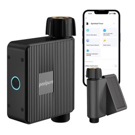 POOLPURE Smart WiFi Solar Sprinkler Timer (G 1/2 BSP Male), Garden Hose Timer with Rain Delay & App-Controlled, Remote Control Irrigation System, 10 Watering Modes