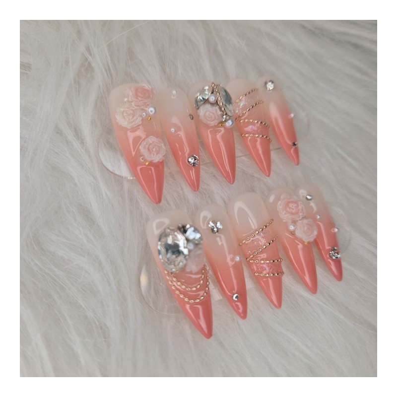 [Premium] Eternal Rose Stone Handmade Nail Tip - Short Coffin