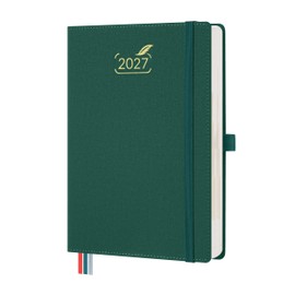 BEZEND 2027 Daily Planner (6" x 8.5") Full Page Per Day & Equal Weekends - Dual Column Schedule with Note Section & Monthly Tabs (Jan-Dec) PU Vegan Leather Hardcover, Work Life Balance - Evergreen
