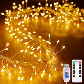 KINGCOO Firecracker Fairy Lights with Remote, Waterproof 19.6FT 200LED Cluster Garland Silver Wire String Lights USB Powered for Outdoor Indoor Bedroom Wedding Christmas Party Decoration (Warm White)