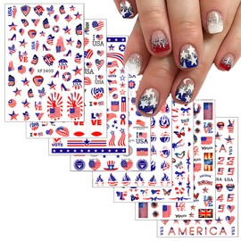 8 Sheets Independence Day Nail Stickers 3D Self Adhesive 4th of July Nail Decals Flag Star Nail Art Stickers for Nail Art Designs Cute Star Nails Supplies for Women Girls Decoration Accessrioes