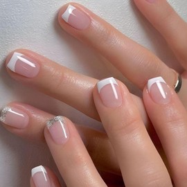 White French Tip Press on Nails Short Square Sparkly Petite Fake Nails False Nails with Glitter Designs Cute Nails Full Cover Glossy Glue on Nails Acrylic Nails for Women Girls 24Pcs