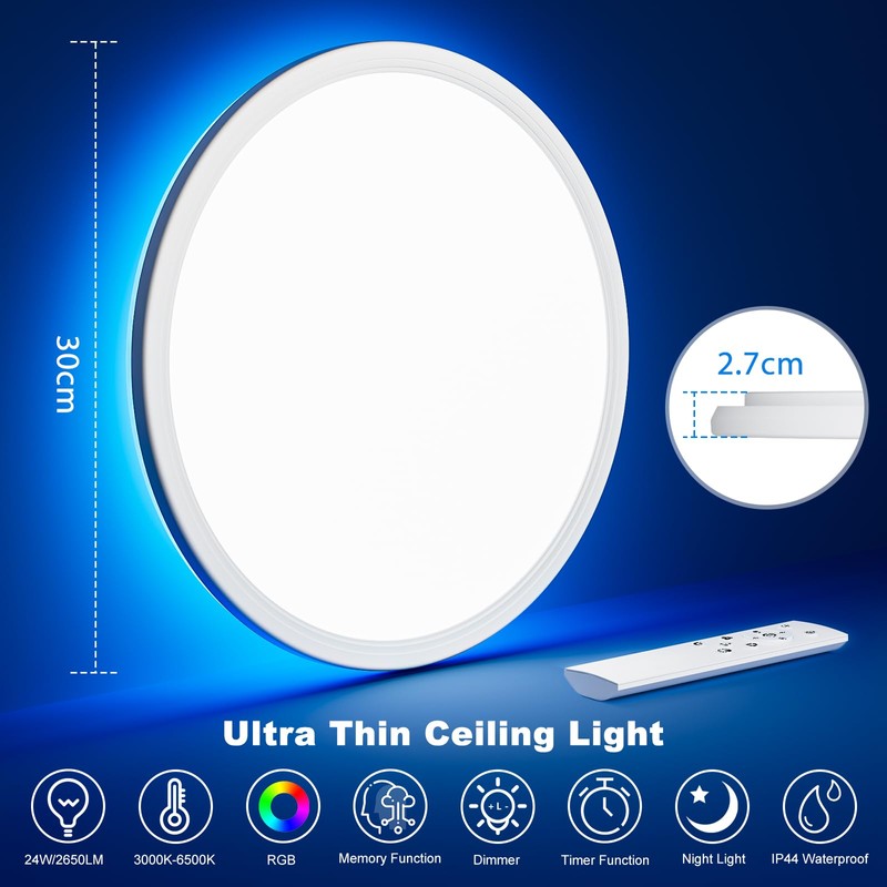 OUILA LED Ceiling Light Dimmable with Remote Control 3000K-6500K &