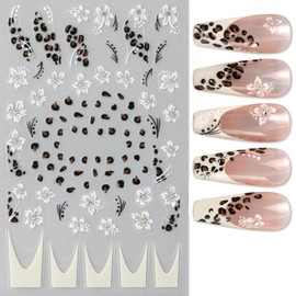 RIICFDD Flower Nail Stickers,4 Sheet Fall Nail Art Stickers Leopard Nail Decals French Tip Nail Stickers for Nail Art,White Floral Self-Adhesive Nail Art Decoration Supplies for Women