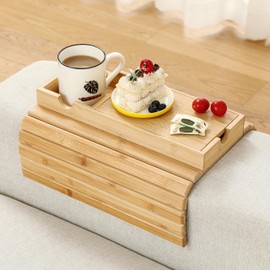 ROCDEER Sofa Arm Tray, Bamboo Large Couch Cup Holder Tray with Hidden Storage, Sofa Armrest Tray Portable Anti-Spill Beverage Snack Remote Holder