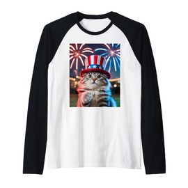 4th of July Cat Selfie Uncle Sam Hat Fireworks Funny Patriot Raglan Baseball Tee