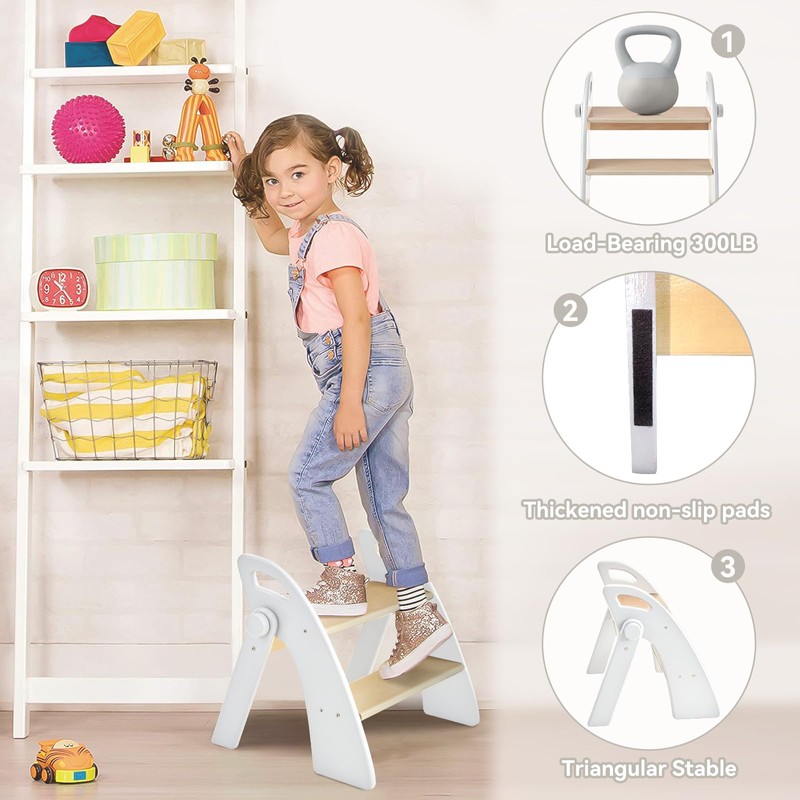 Wooden 2 Step Stool for Kids Bathroom Sink Foldable Anti-Slip