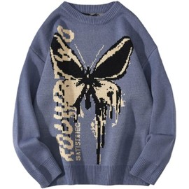 Ponitrack Y2K Hip Hop Knit Sweater Grunge Butterfly Oversized Streetwear Goth Pullover Sweater Aesthetic Streetwear Fairycore Top (Blue,XL,X-Large)