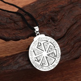 LUTAKU Kolovrat Slavic Mythology Pendant Necklace for Men, Slavic Symbol of the Sun, Charm, Sun God, Svarog Neck, Leather Chain, Male Punk Svarga Jewellery, Leather, Leather