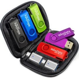 WesData 5 Pack 16GB USB Flash Drive and 2 Pack USB C Adapters in a Case, Thumb Drives Memory Stick Storage and Backup for Smart Phones with Type C Port, Laptops, PC(5 Colors)