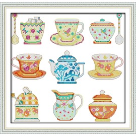 OWN4B Cross Stitch Embroidery Kit Pattern Printing, 11ct Teacup Complete Set Easy Embroidery Set for Beginners 16x16 Cross Stitch