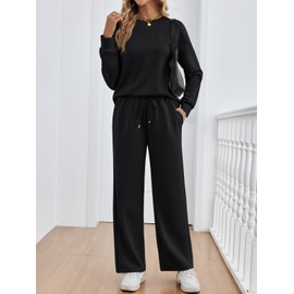 LILLUSORY Women's Sweatsuits 2 Piece Outfits Lounge Matching Sets Travel Airport Tracksuits Wide Leg Sweatpants Fall Clothes Black L