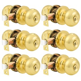 Probrico Entrance Door Knobs Door Lock Keyed Alike Lockset Polished Brass Same Key Round Ball Entry Door Knobs Pack of 6