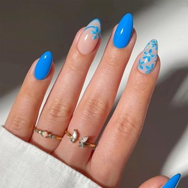 Short Press on Nails Almond Fake Nails with Blue Flower Designs Glitter Glue on Nails Dark Blue Nails Press ons Short Almond False Nails Cute Glossy Artifical Stick on Nails for Women 30Pcs
