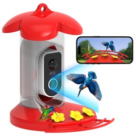 Hummingbird Feeder with Camera for Outdoor - 2K QHD Video, Instant Notifications & AI Bird Species, Ant Moat, Bee Proof, Motion Detection, 2.4G WiFi, Signal Booster, Gift for Bird Lovers (Red)