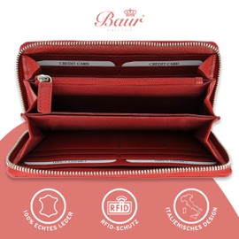 Baur Women's Genuine Leather Wallet with RFID Protection, Large Wallet, Many Card Slots, Wallet with All-Round Zip, Women's Wallets, red, Classic
