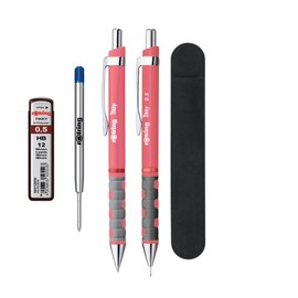 rOtring TIKKY Pastel Ballpoint Pen and Mechanical Pencil Blue Ink (M) HB 0.5mm Tea Rose Barrels Velvet Pencil Case + Blue Pen Refill and HB 0.5mm Pencil Leads