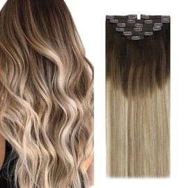 Sunny Ombre Clip in Real Hair Extensions Brown Balayage Invisible Clip in Hair Extensions 5pcs Dark Brown Ombre Light Brown Mix Ash Blonde Human Clip in Extensions 70g 12"