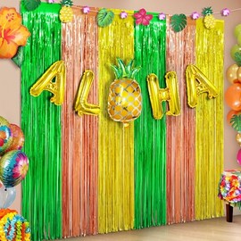 Hawaiian Luau Party Decorations, 3Pcs Hawaiian Backdrop Foil Fringe Curtain Aloha Photo Booth Prop Balloon, 3.3x6.6ft Green Brown Yellow Tinsel Streamer for Pineapple Tropical Summer Beach Party Decor