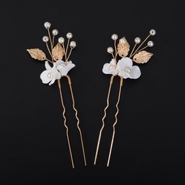 Teyglen 2pcs Flower Bridal Hair Pins Pearl Bride Wedding Hair Pins Clips Bridal Hair Accessories Gold Silver Leaf Hair Piece for Women Girls (Gold)