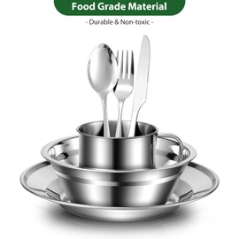 Odoland Odoland 29pcs Stainless Steel Utensils Camping Tableware Kit with Bowls Plates Cups Forks Spoons and Knives for 4, Cutlery Flatware Set for Backpacking, Outdoor Camping Hiking and Picnic