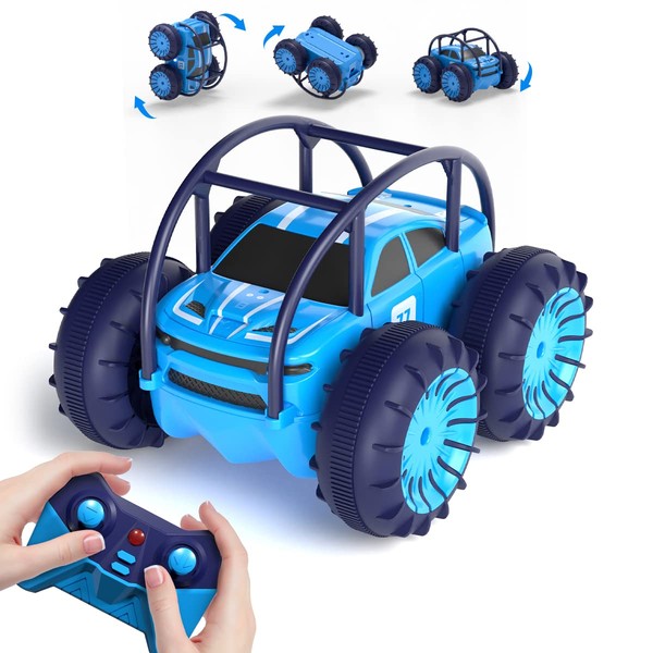 MaxTronic Fast Direct Charging Remote Control Cars, 360° Flip Waterproof Stunt Car with ON/OFF Cool LED, Monster Truck 2.4GHz 4WD Indoor Outdoor Kids RC Toy Xmas Gift ideas for Kids Boys Girls