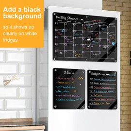 LCPCX Acrylic Magnetic Dry Erase Board for Fridge，Set of 3 Transparent Planning Boards for Monthly Calendar, Weekly Includes 6 Dry Erase Markers, 1 Eraser and Magnetic Pen Holder