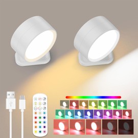2 Pack Lampara de Pared Recargable LED, Lampara de Pared Inalambrica de Rotación de 360°, Lámpara de Pared Interior con Control Remoto, con 12 Colores RGB, 3 Temperaturas de Color y Apagado Programado