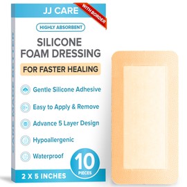 JJ CARE Silicone Foam Dressing 2x5 [Pack of 10], Silicone Bandages for Wounds, Waterproof Wound Dressing with Adhesive Border, Absorbent Bed Sore Bandages for Wound Care