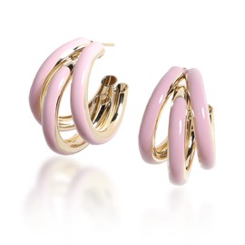 Sonateomber Light Pink Enamel Chunky Open C Triple Hoop Statement Gold Stud Earrings for Women - Fashion Trendy Cute Large Big Twist Split Huggie Summer Jewelry Gift