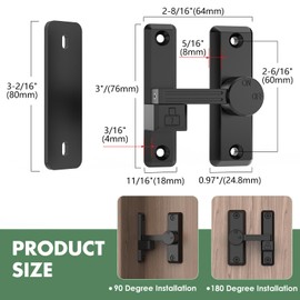 Mixizigoz Barn Door Lock Latch, 90/180 Degree Flip Sliding Door Latch for Garage, Bedroom, Cabinet, Sturdy Zinc Alloy Security 90 Degree Lock (Black-1 Pc)