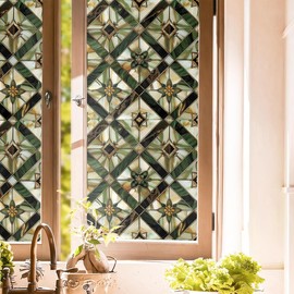 Boho Golden Vintage Geometric Dark Green Ethnic Stained Glass Window Films Decorative Double-Side Privacy Film Self-Adhesive Static Glass Window Clings for Living Room Bathroom Glass Windows Decor