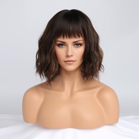 SIMKAYLEE Wavy Short Wig Brown Blonde Lace with Fringe Women's Curls Wig Brown with Blonde Strands Highlights for Women Dark Brown Wigs Mixed Blonde with Dark Roots (30 cm)