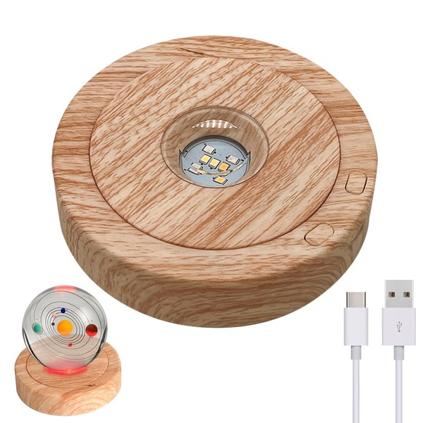 HOMURY Rotating Wooden Illuminated Base: LED Light Base with 7 Lamp Beads, Round LED Lights, Display Base Show Stand with 8 Light Modes, Wooden LED Base with USB for Display Crystal Glass