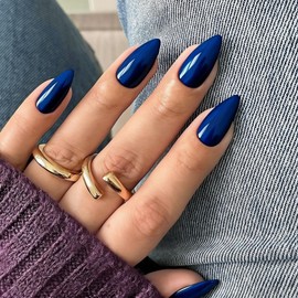 SXVME Royal Blue Press On Nails Almond - Acrylic Press On Nails Medium Stiletto, Opaque Solid Bright Vibrant Blue Fake Nails with Glue, Fit Perfectly Reusable Soft Gel Stick on Nails for Women, 24 Pcs