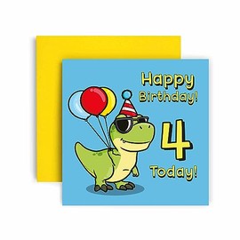 Huxters 4th Birthday Card – Dinosaur Birthday Cards for Boys – T Rex Dinosaur Happy Birthday Card – Birthday Card for Son or Daughter Brother Sister Friend Birthday Card Envelope (4th)