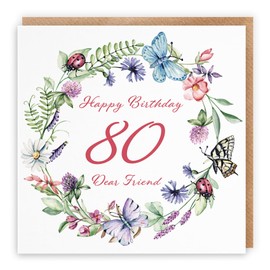 Hunts England - Friend 80th Birthday Card - Happy Birthday - 80 - Dear Friend - Meadow Collection - Flowers, Butterflies, Pretty Card