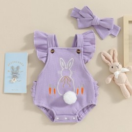 LYSINK Newborn Baby Girl Easter Bunny Outfits 2pcs Fly Sleeve Rabbit Print Romper Headband Set Cute Infant Jumpsuit (A-Purple, 0-3 Months)