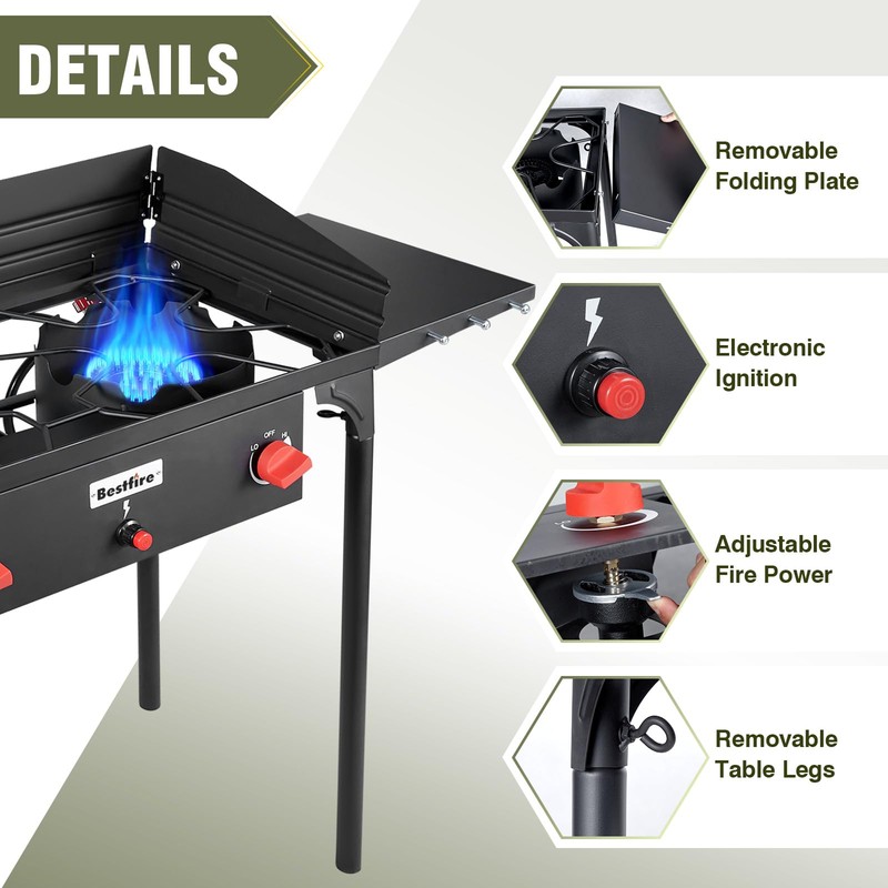 Bestfire 2 Burner Camping Stove with Windpanel& Side Shelves, Bag,