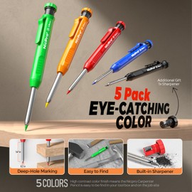 Nicpro 5 Pack Carpenter Pencil with Sharpener, Construction Mechanical Pencils with 48 Refills, Heavy Duty Marking Tool, Deep Hole Marker Pens for Architect Marking(Red, Black, Yellow, Blue, Orange)