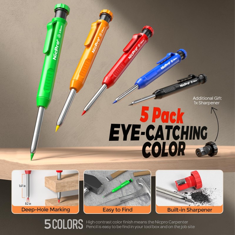 Nicpro 5 Pack Carpenter Pencil with Sharpener, Construction Mechanical Pencils